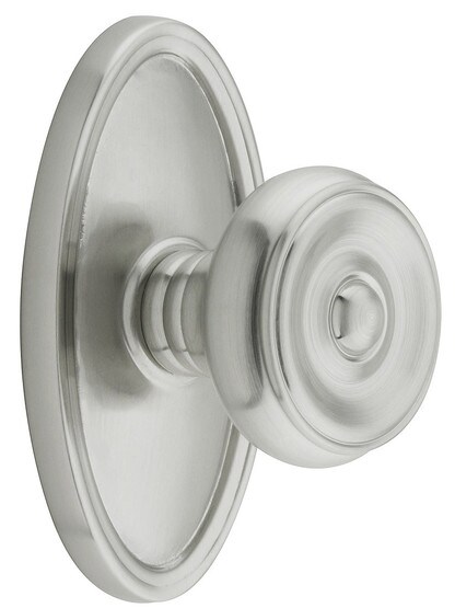 Oval Rosette Set With Waverly Knobs in Satin Nickel.